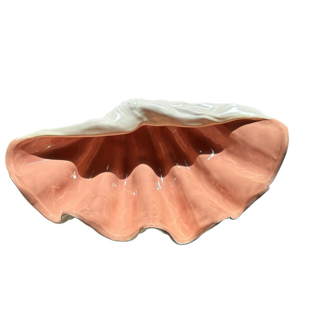 Large Vintage MCM Clam Shell Footed Bowl Coral Interior Coastal Regency Decor
